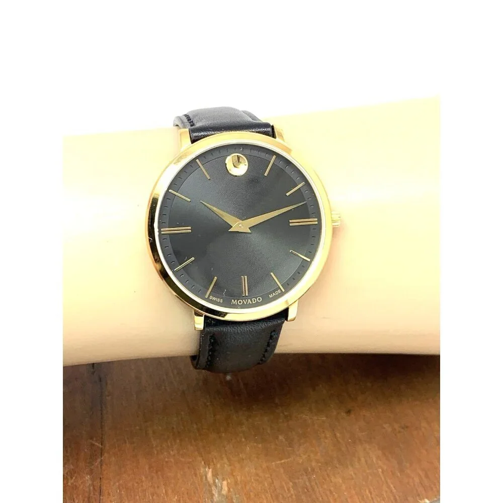 Movado Womens Watch 0607091 Ultra Slim Black Dial Swiss Quartz Gold Leather 35mm